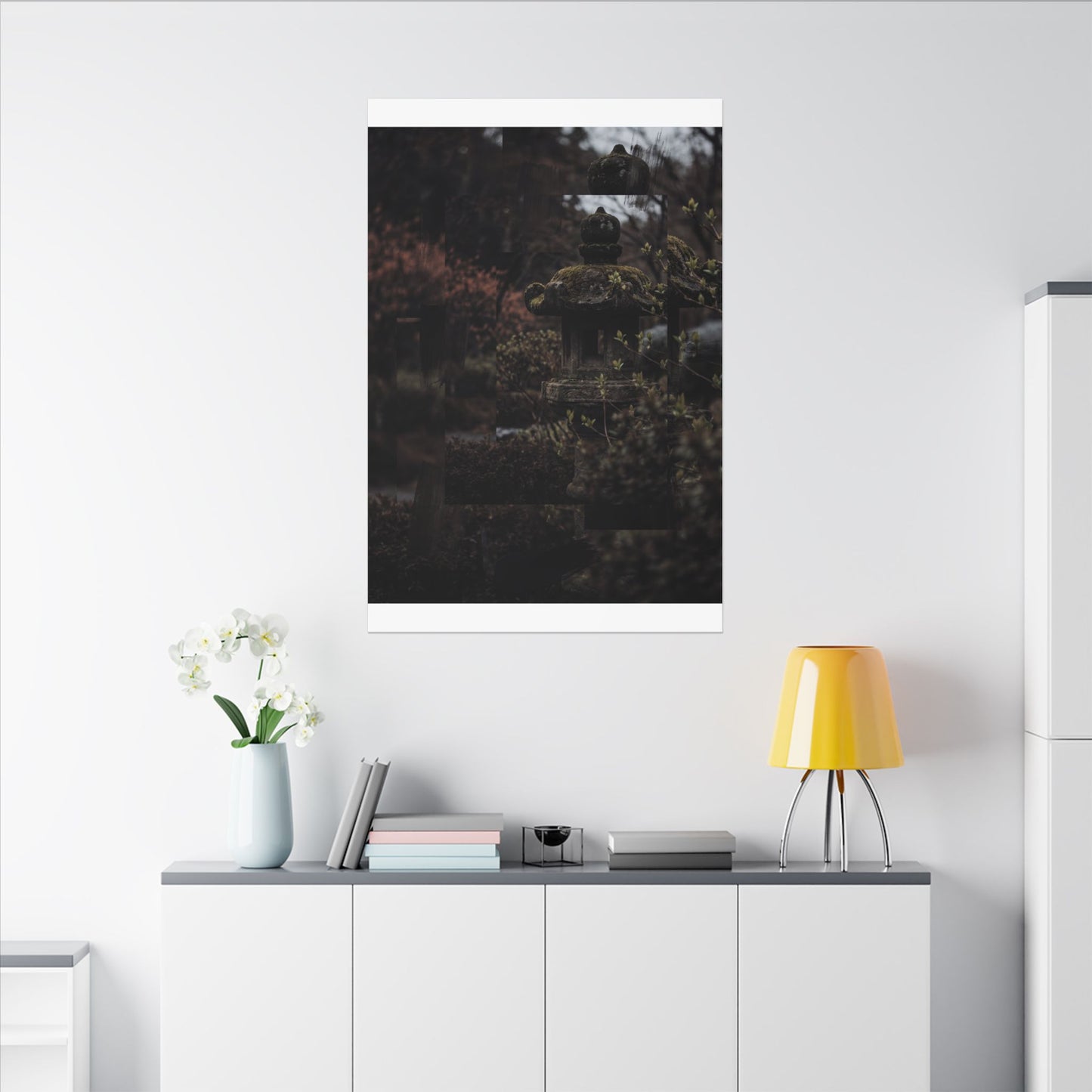 Stone Lantern Spring Canvas Art | Dark Japandi Bold Design
