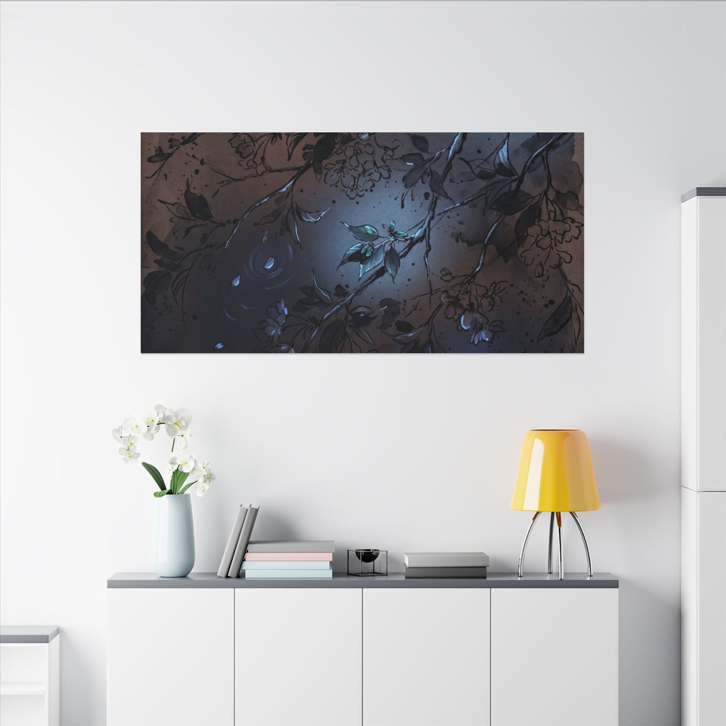 Bold Cherry Blossom Canvas Art - Charcoal Ink Dark Japandi