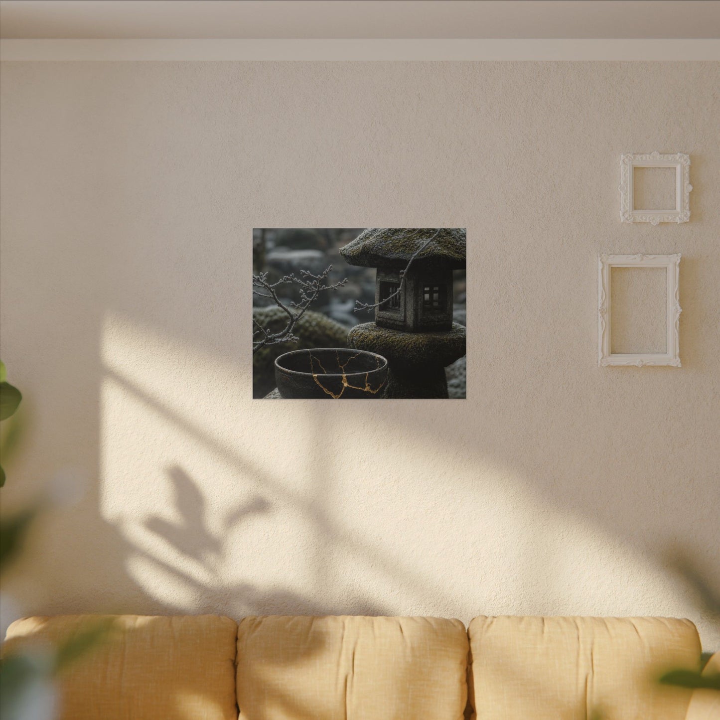 Stone Lantern Canvas Art | Winter Kintsugi Gold Repair Art