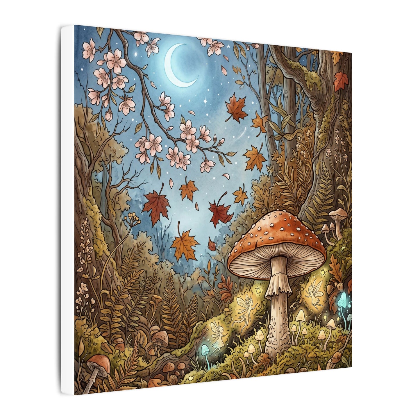 Autumn Cherry Blossom Mushroom Illustration Canvas Art | Enchanting Decor