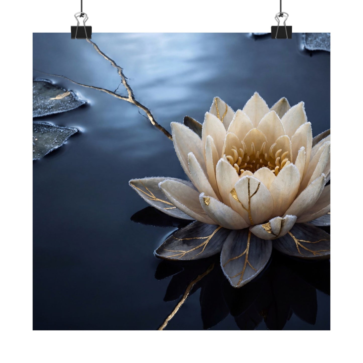 Winter Lotus Flower Gold Vein Wall Art Print | Resilient Decor