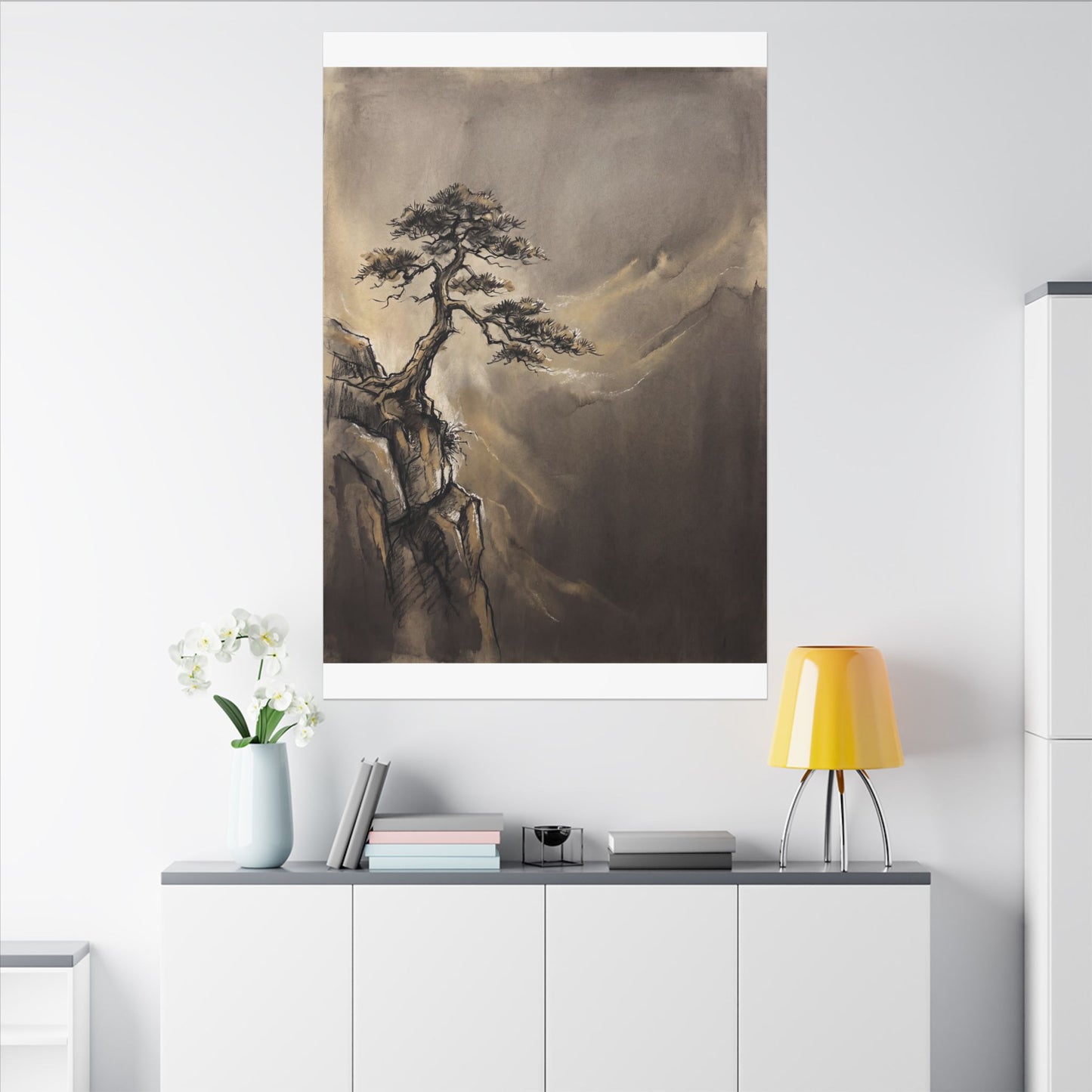 Pine Tree Charcoal Ink Canvas Art | Luxurious Dark Japandi Art