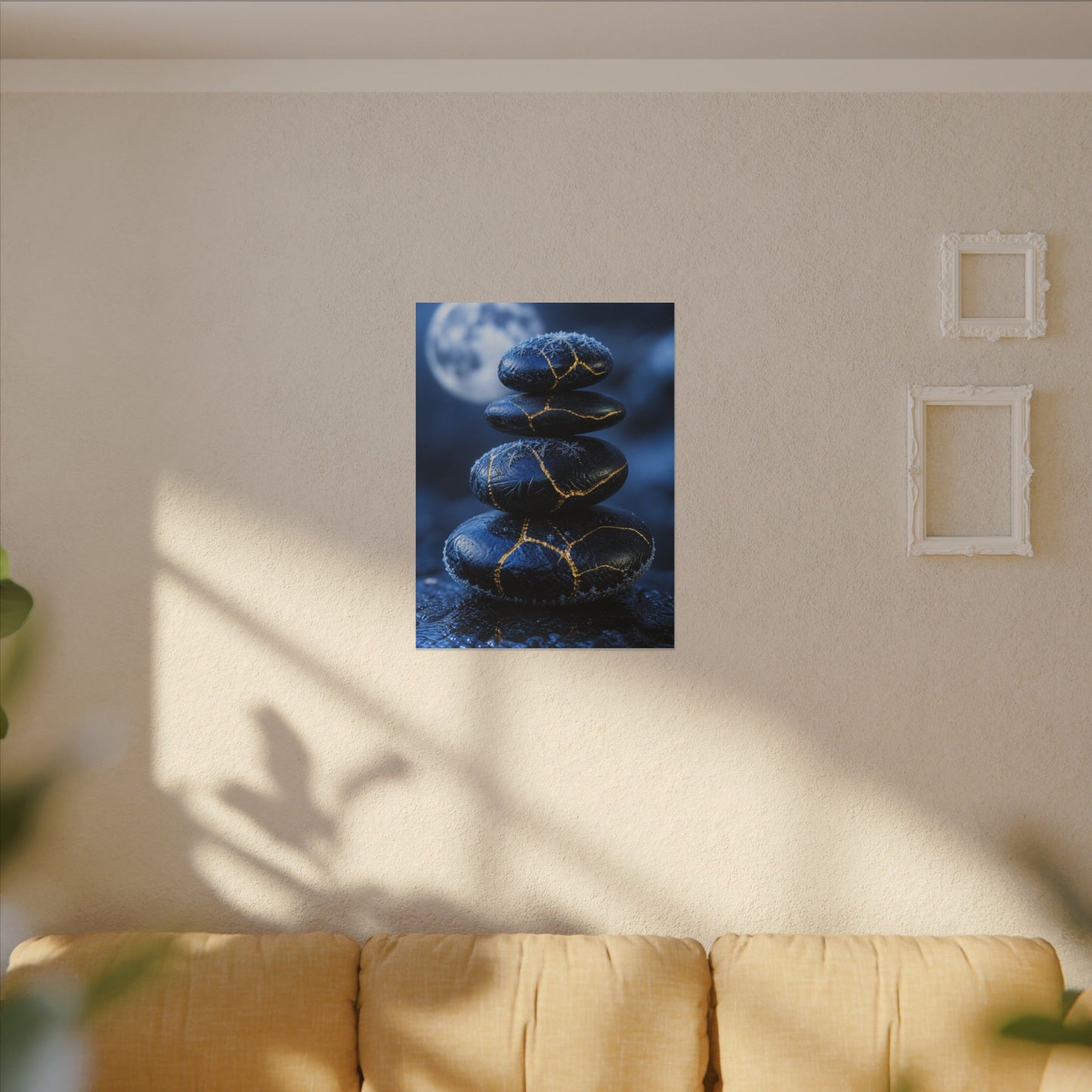 River Stones Canvas Art | Winter Kintsugi Gold Repair Art