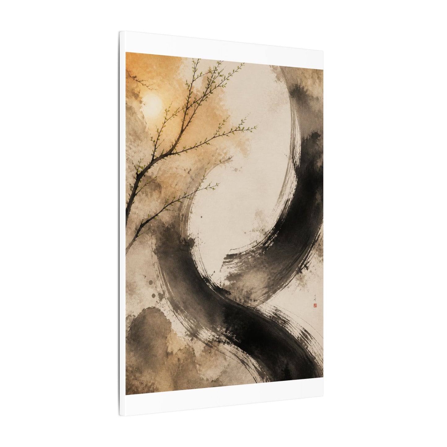 Japandi Ink Brushstroke in Golden Hour | Watercolor Canvas Art