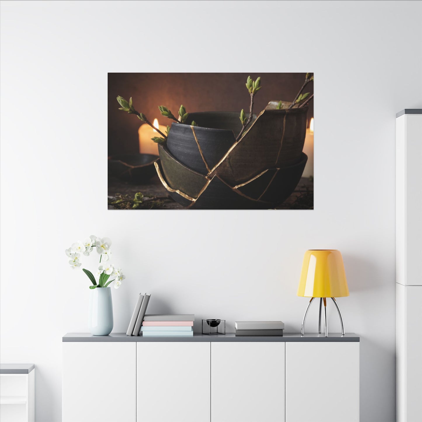 Broken Pottery Spring Canvas Art | Dark Japandi Luxurious Design