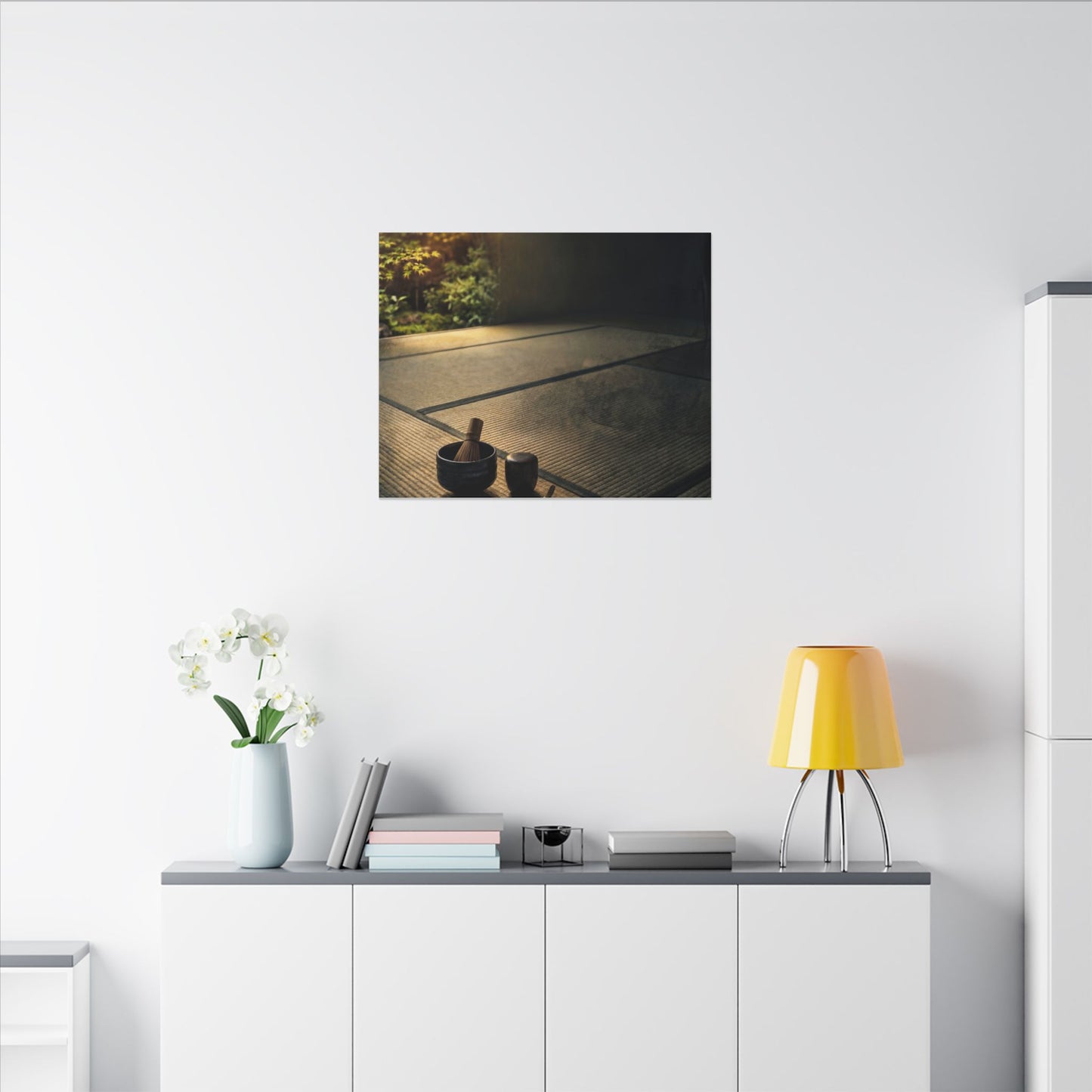 Dark Japandi Tea Ceremony in Golden Hour | Dark Texture Canvas Art