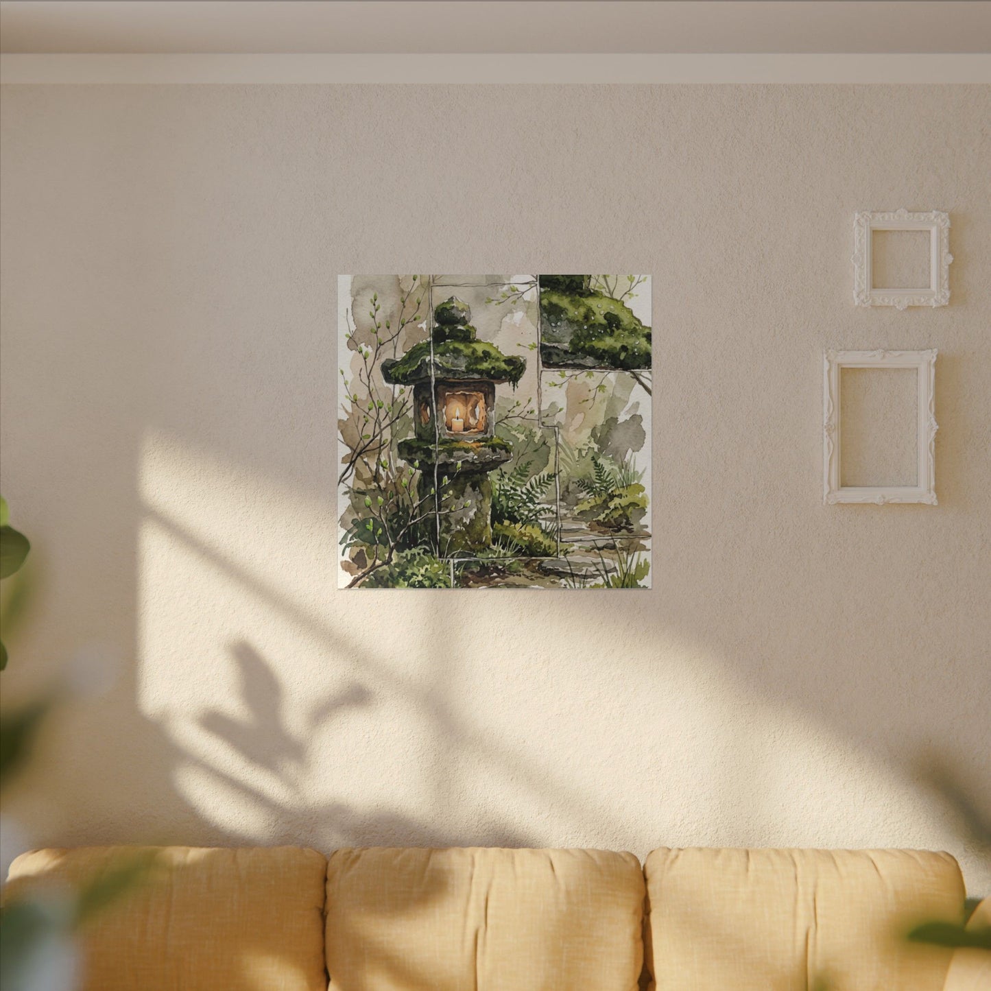Stone Lantern Watercolor Canvas Art | Elegant Japandi Art