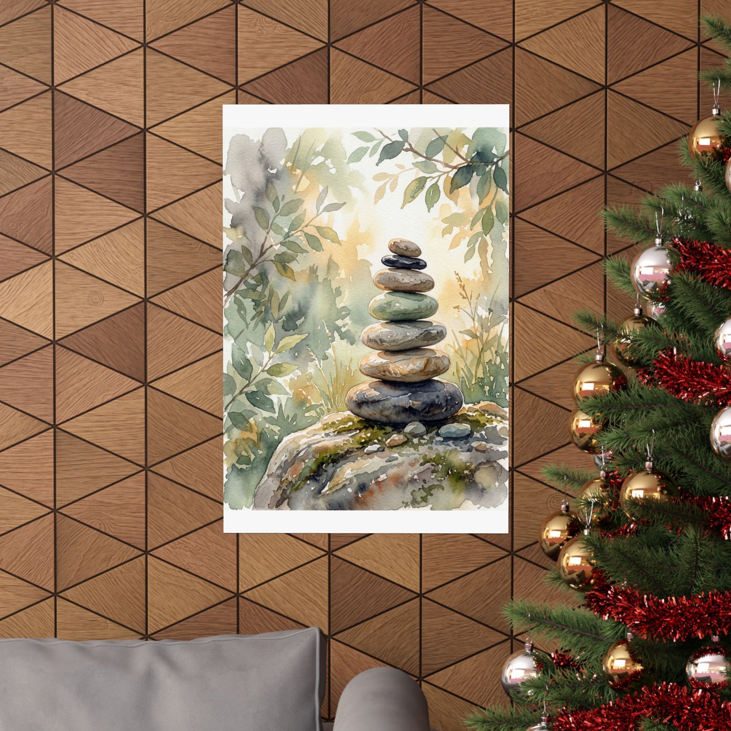 River Stones Wall Art Print | Summer Japandi Watercolor Art