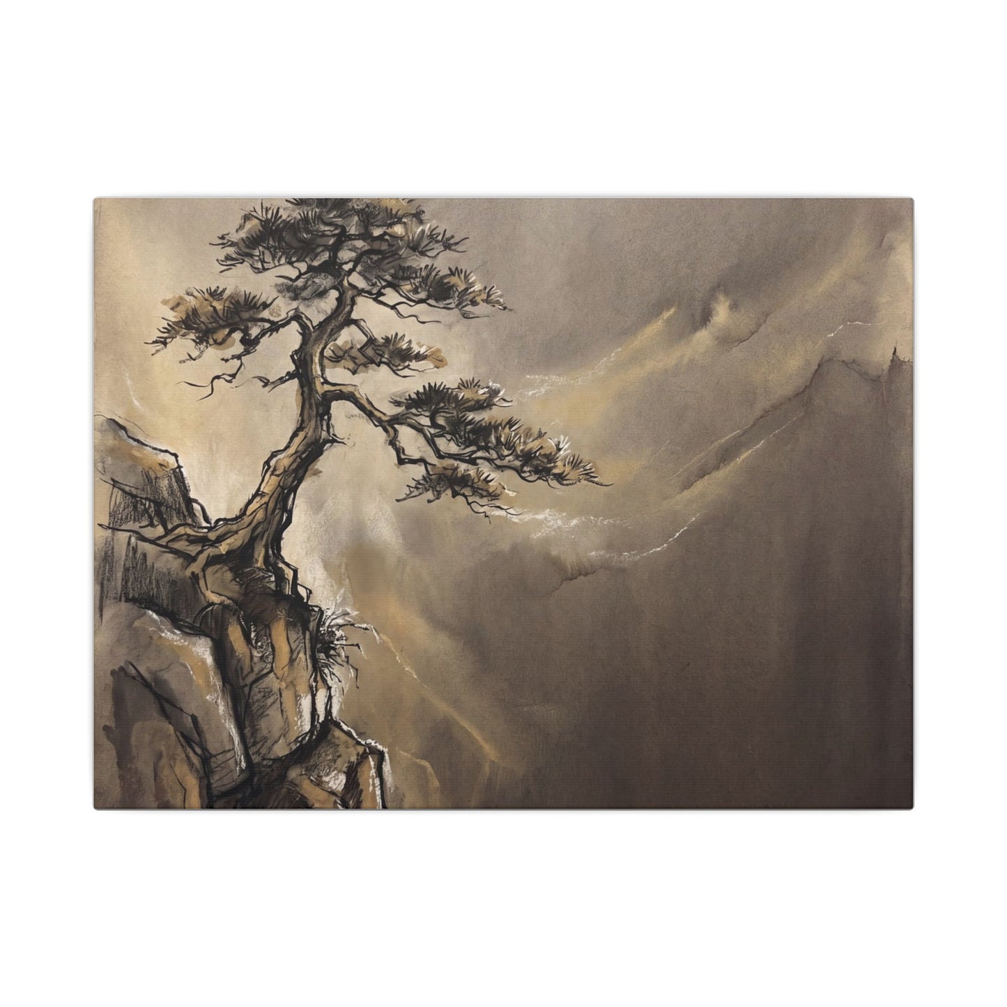 Pine Tree Charcoal Ink Canvas Art | Luxurious Dark Japandi Art Art Print