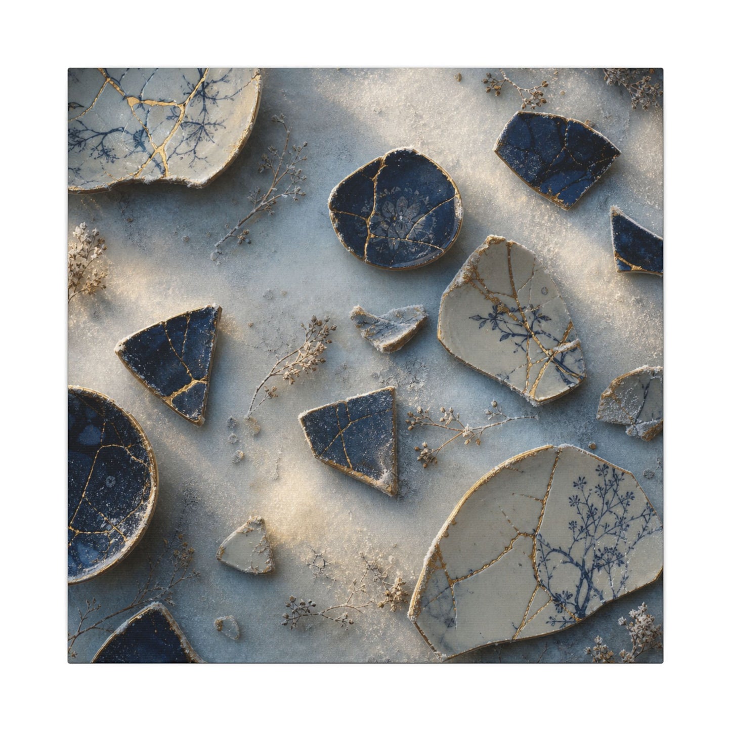 Broken Pottery Canvas Art | Winter Kintsugi Gold Vein Art