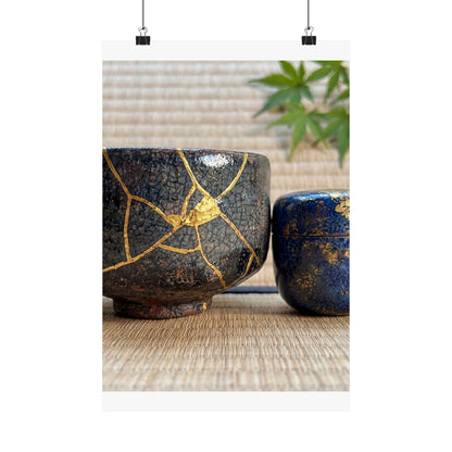 Kintsugi Tea Ceremony in Dawn | Crackle Gold Wall Art Print