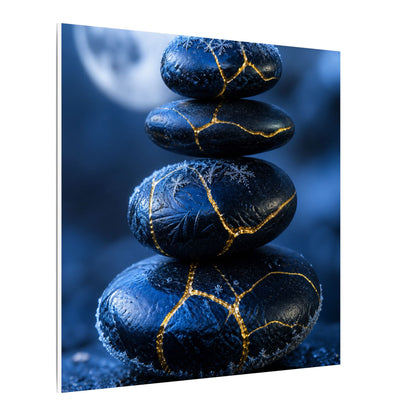 River Stones Canvas Art | Winter Kintsugi Gold Repair Art