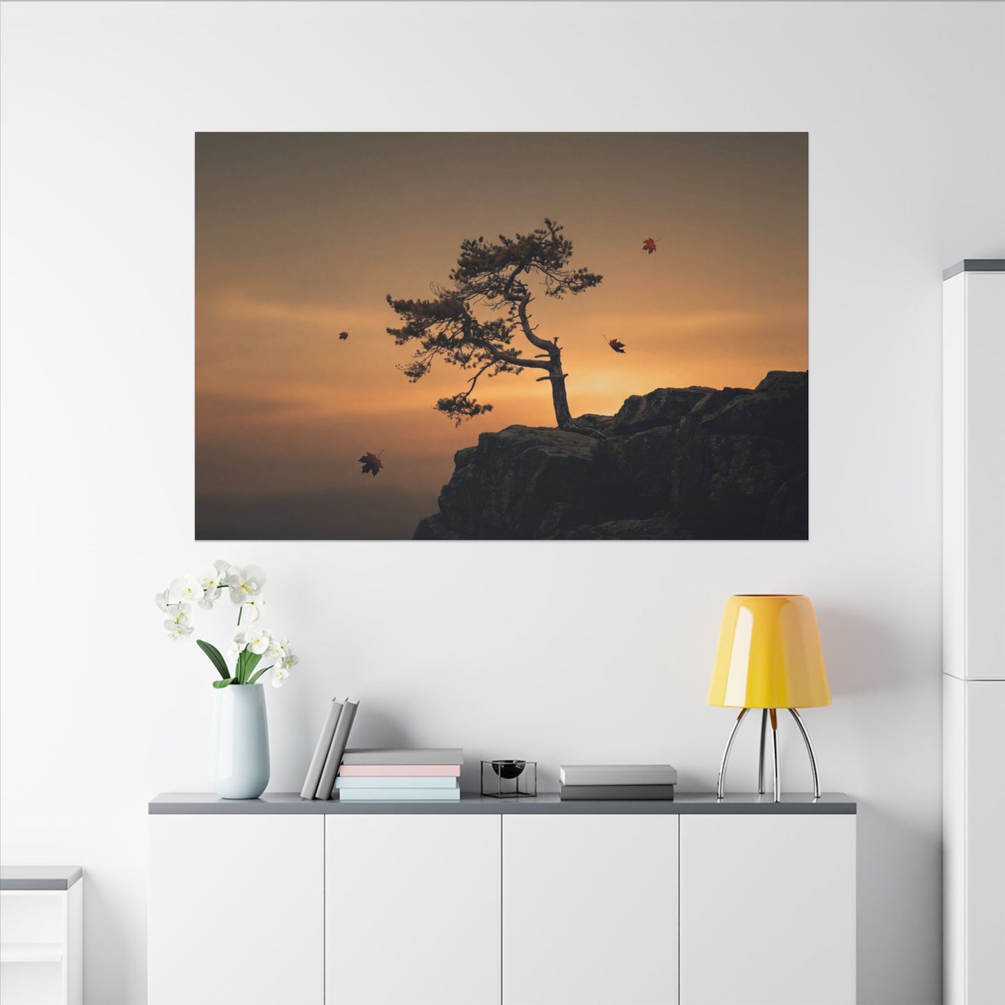 Dark Japandi Pine Tree in Golden Hour | Moody Minimal Canvas Art