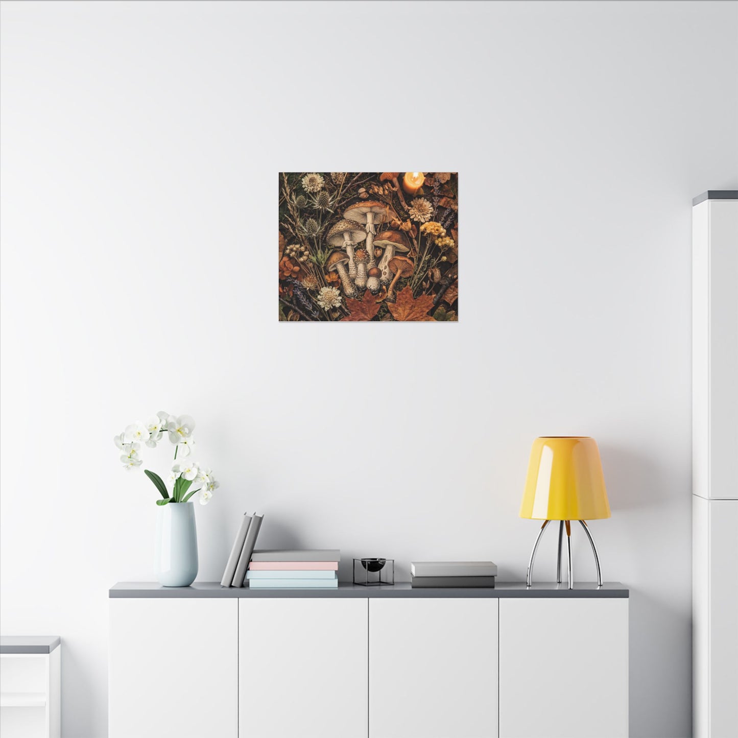 Autumn Dried Flowers Mushroom Illustration Canvas Art | Earthy Decor