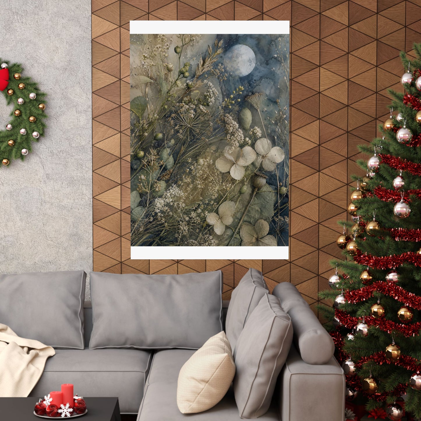 Japandi Dried Flowers in Moonlight | Watercolor Wall Art Print