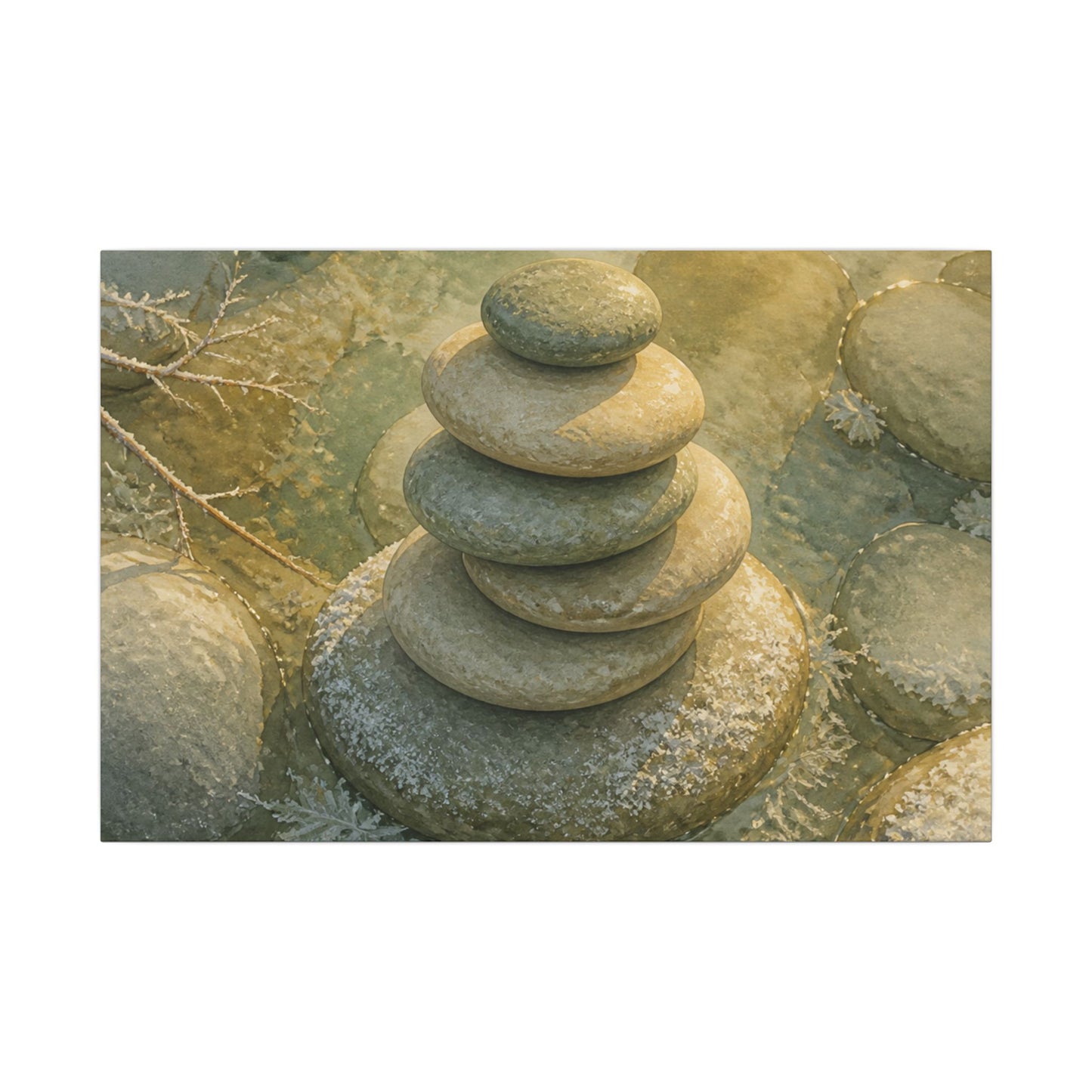 River Stones Watercolor Canvas Art | Elegant Japandi Art