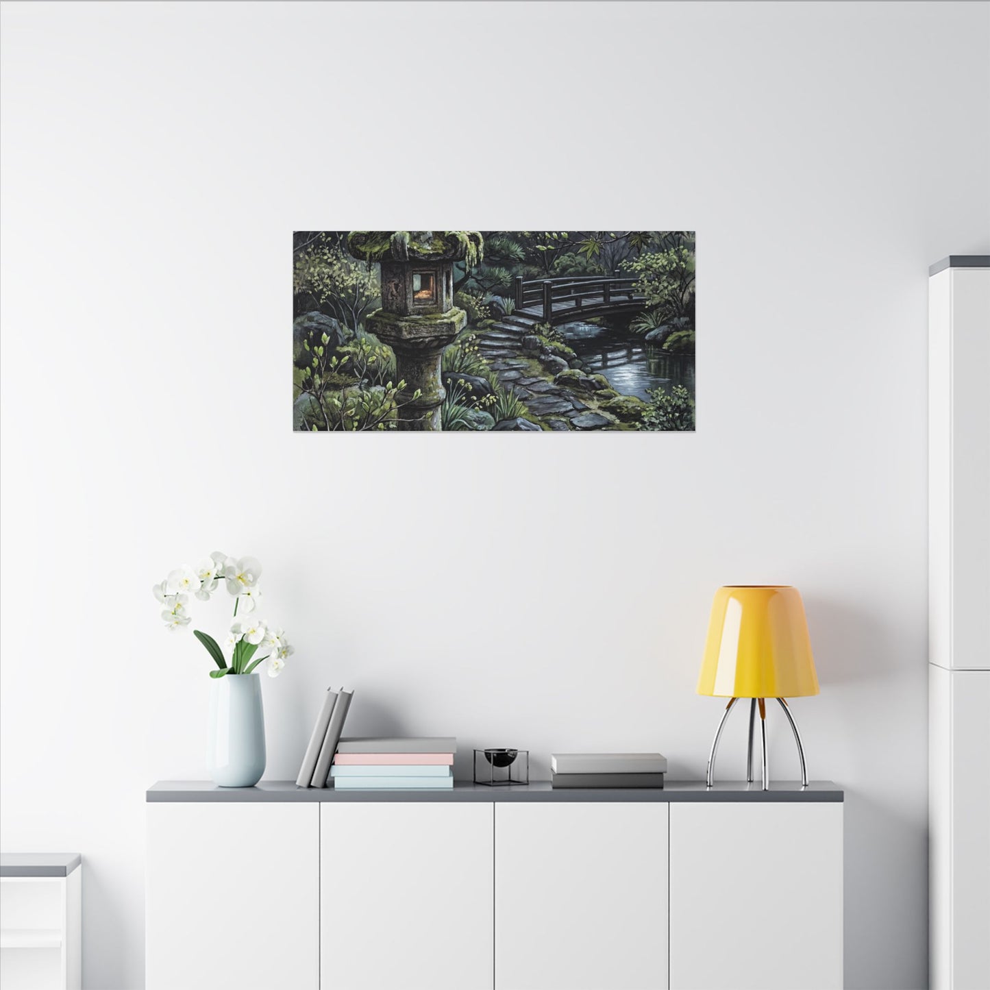 Japandi Stone Lantern in Moonlight | Texture Canvas Art