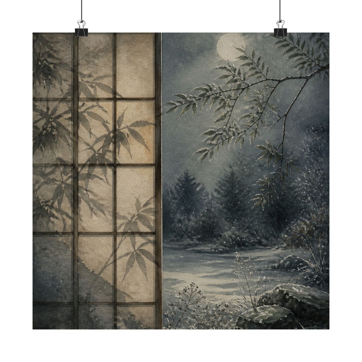 Winter Shoji Screen Watercolor Wall Art Print | Elegant Decor