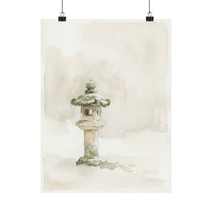Japandi Stone Lantern in Overcast | Watercolor Wall Art Print Art Print