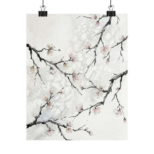 Winter Cherry Blossom Watercolor Wall Art Print | Elegant Decor Art Print