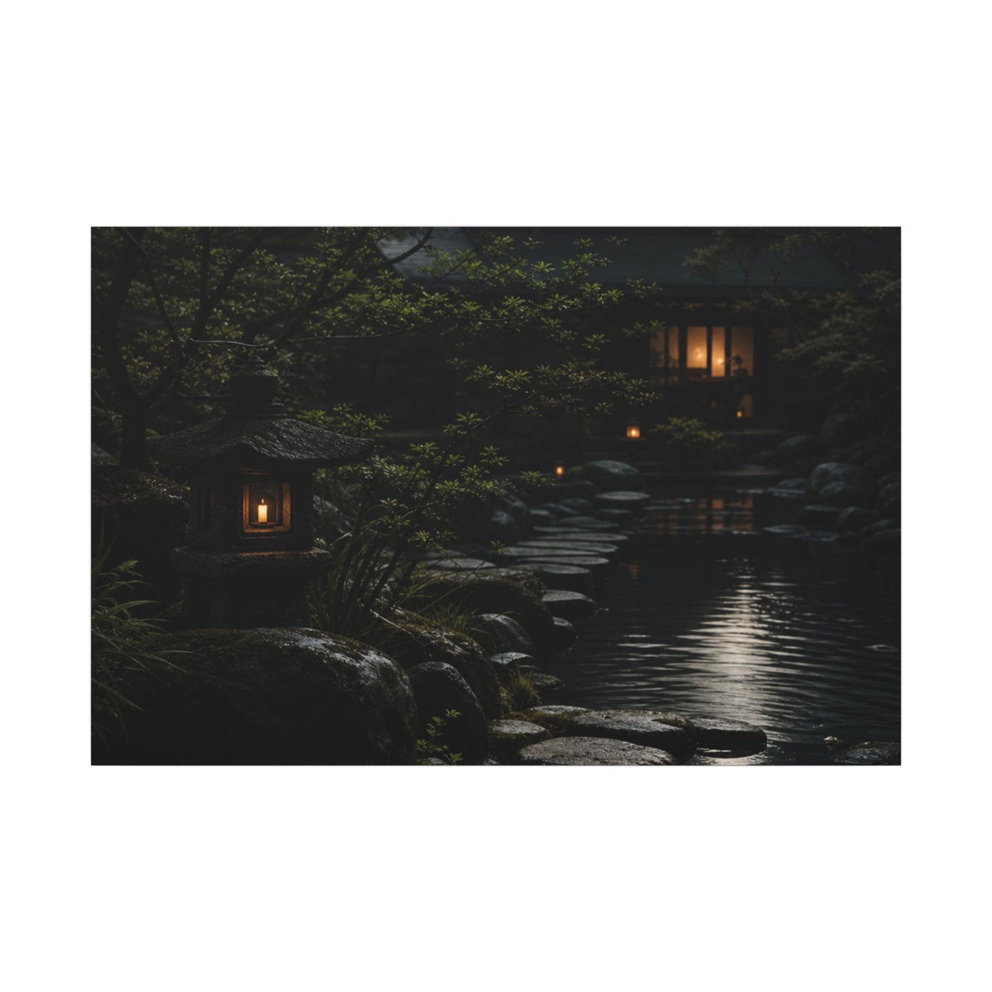 Moonlit Garden Shadow Zen Canvas Art | Sophisticated Dark Japandi Art