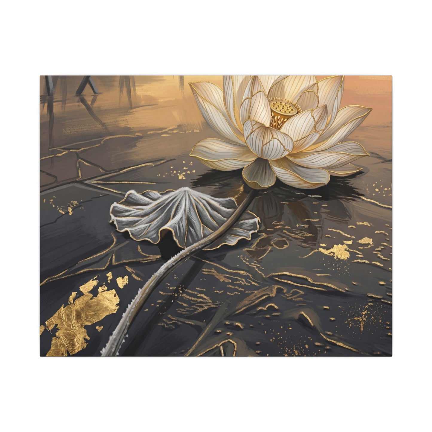 Kintsugi Lotus Flower in Golden Hour | Gold Vein Canvas Art Art Print