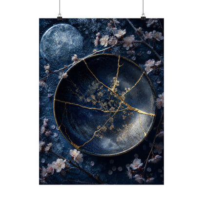 Kintsugi Cherry Blossom in Moonlight | Gold Repair Wall Art Print