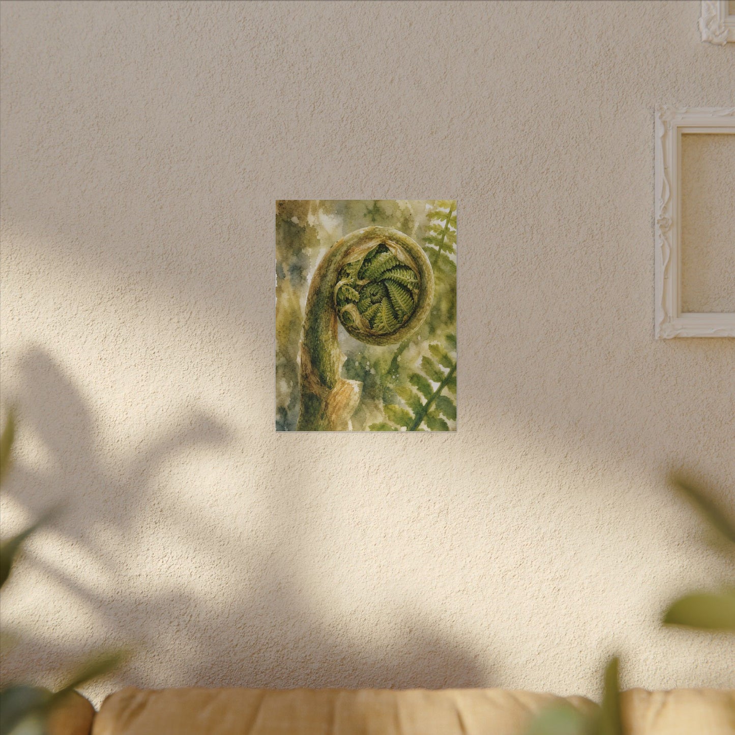 Japandi Fern Unfurling in Dappled | Watercolor Canvas Art