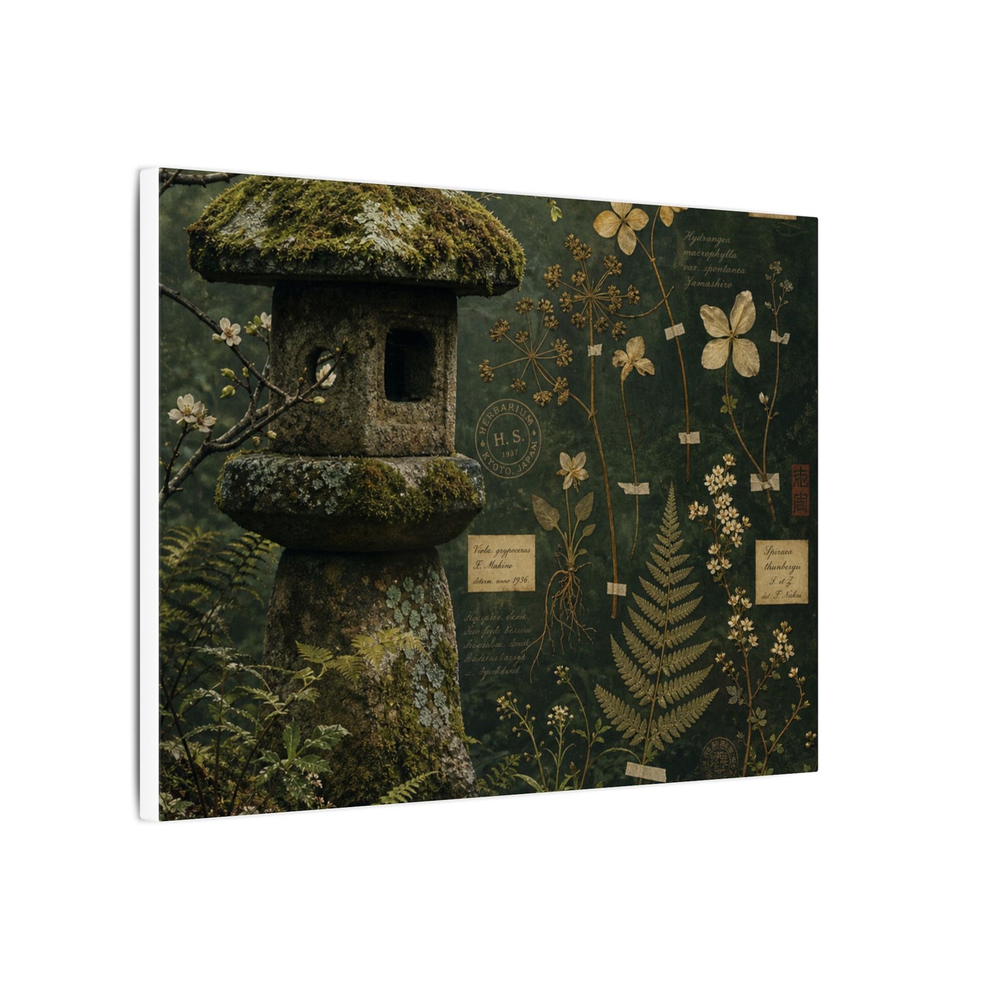 Spring Stone Lantern Herbarium Canvas Art | Nostalgic Decor