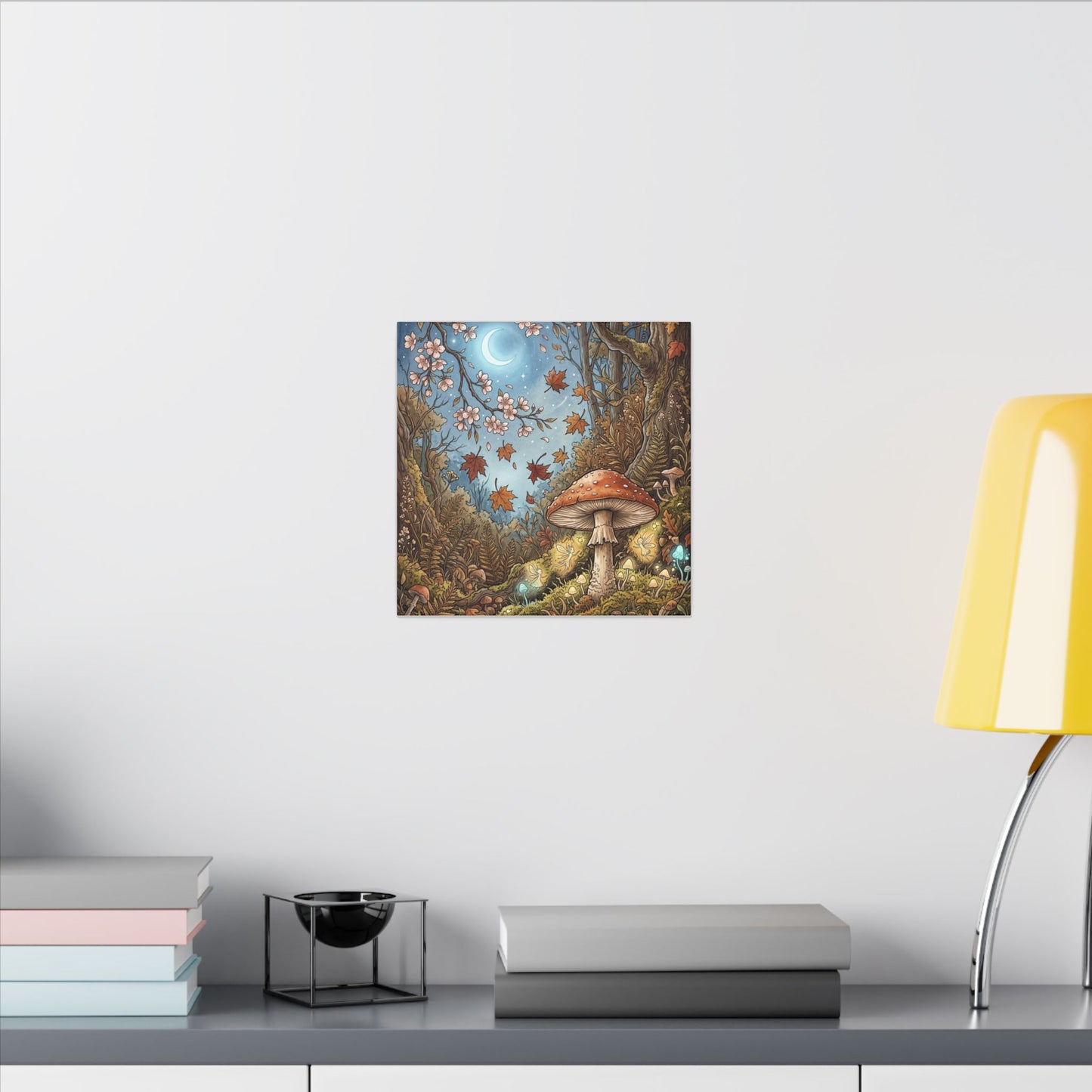 Autumn Cherry Blossom Mushroom Illustration Canvas Art | Enchanting Decor
