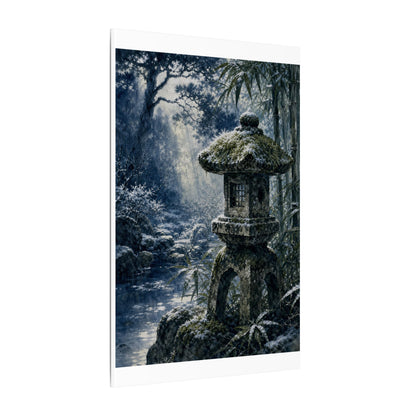 Zen Stone Lantern in Dappled | Sumi E Canvas Art