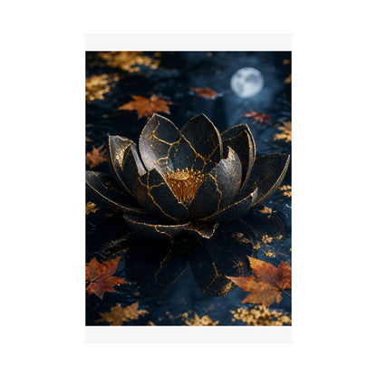 Kintsugi Lotus Flower in Moonlight | Gold Repair Wall Art Print