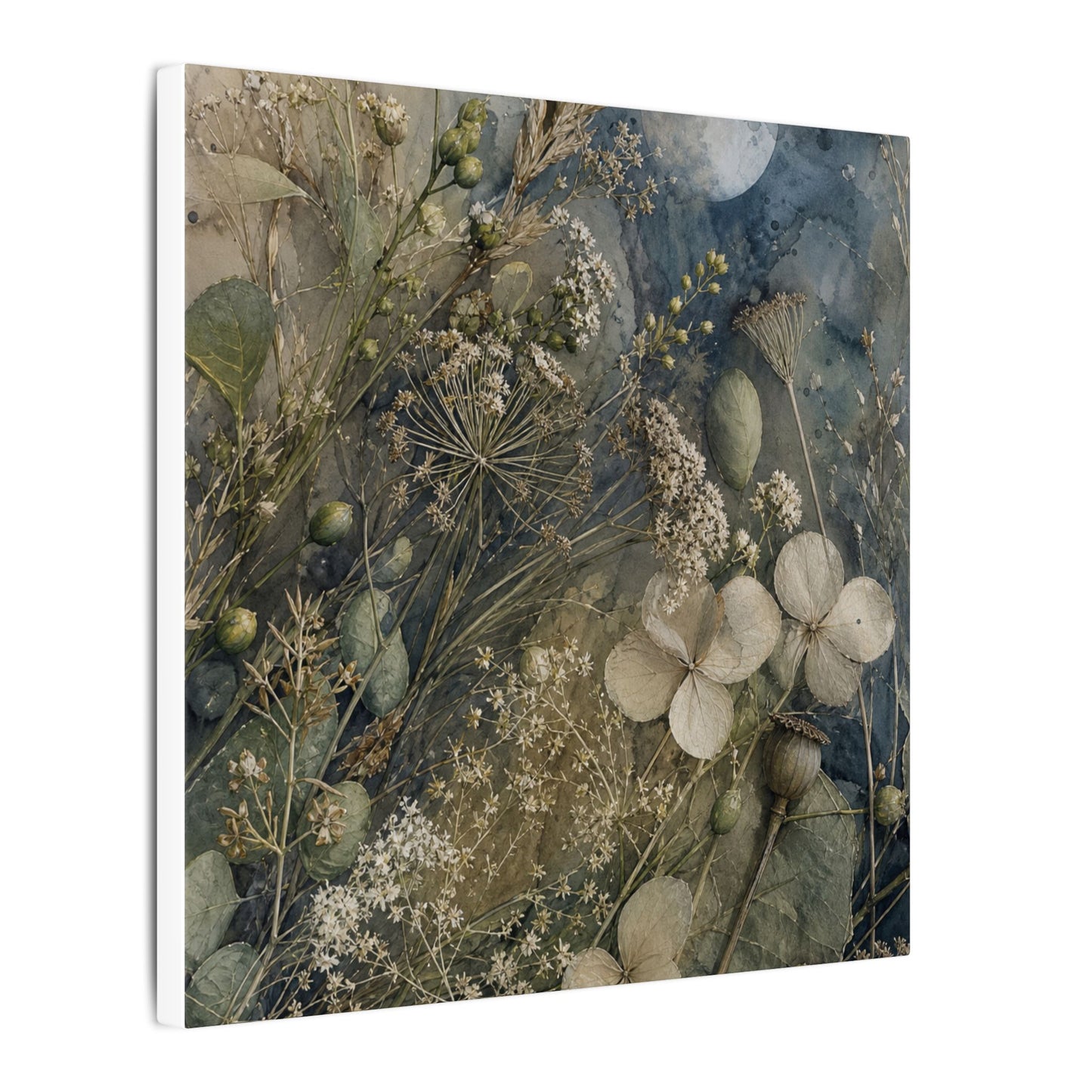 Japandi Dried Flowers in Moonlight | Watercolor Canvas Art