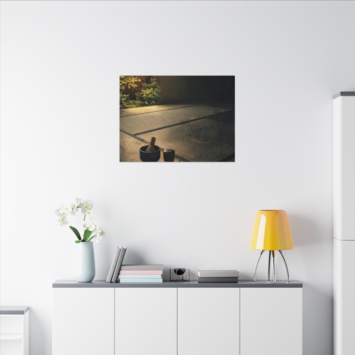 Dark Japandi Tea Ceremony in Golden Hour | Dark Texture Canvas Art
