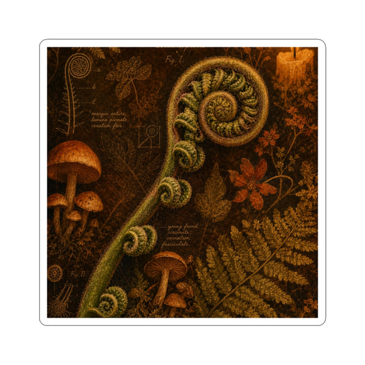 Cottagecore Fern Unfurling in Candlelight | Herbarium Sticker