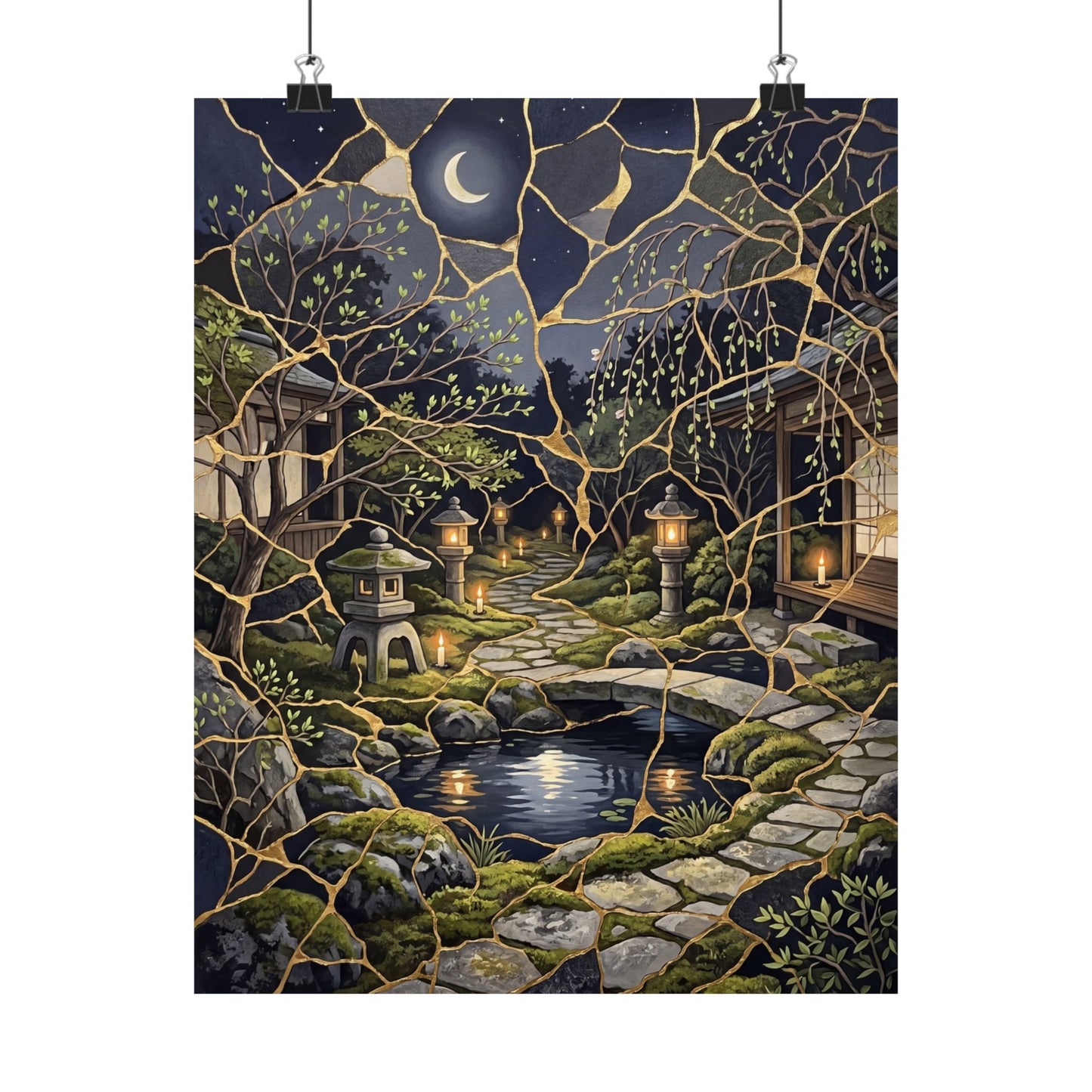 Spring Moonlit Garden Gold Vein Wall Art Print | Artful Decor