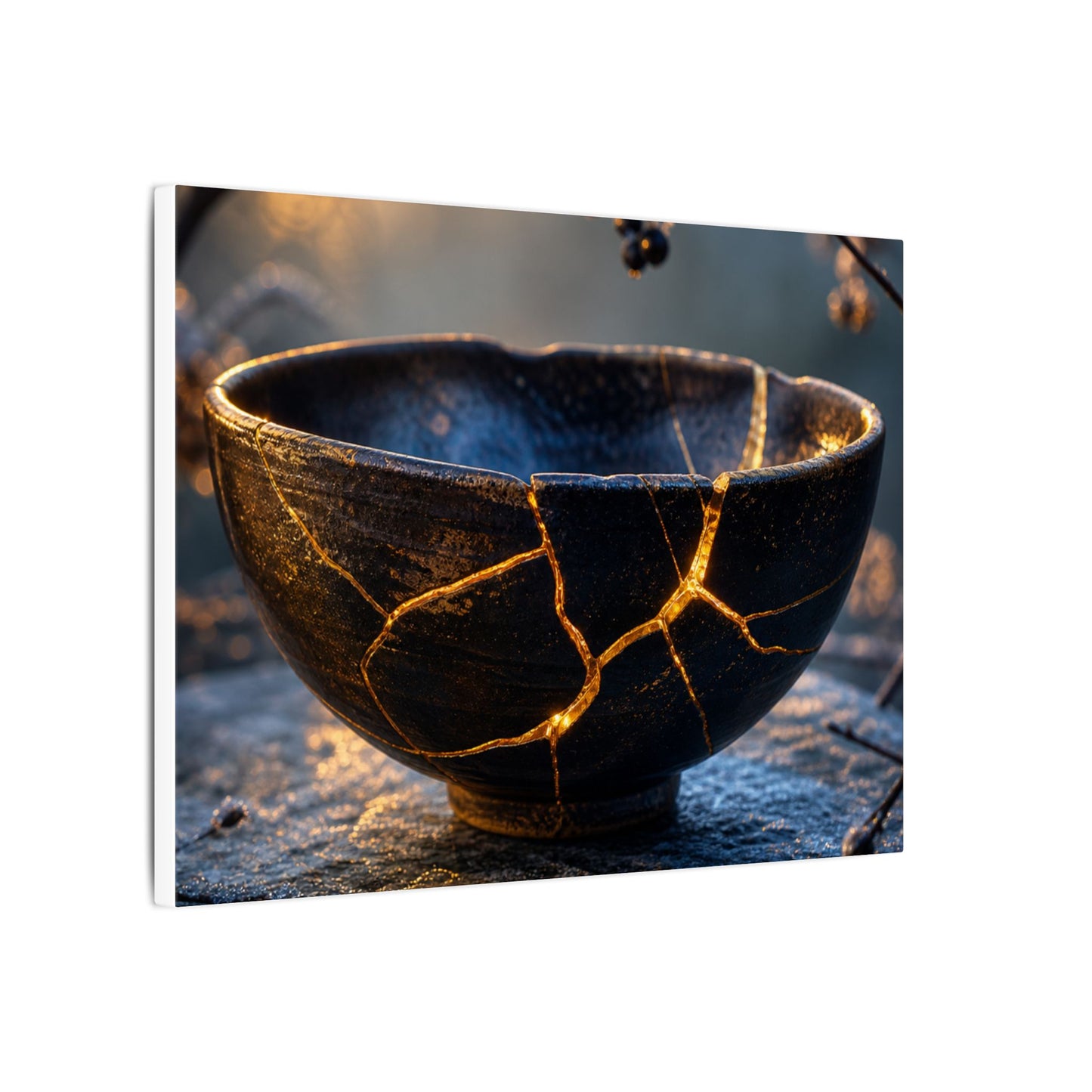 Ceramic Bowl Canvas Art | Winter Kintsugi Gold Repair Art