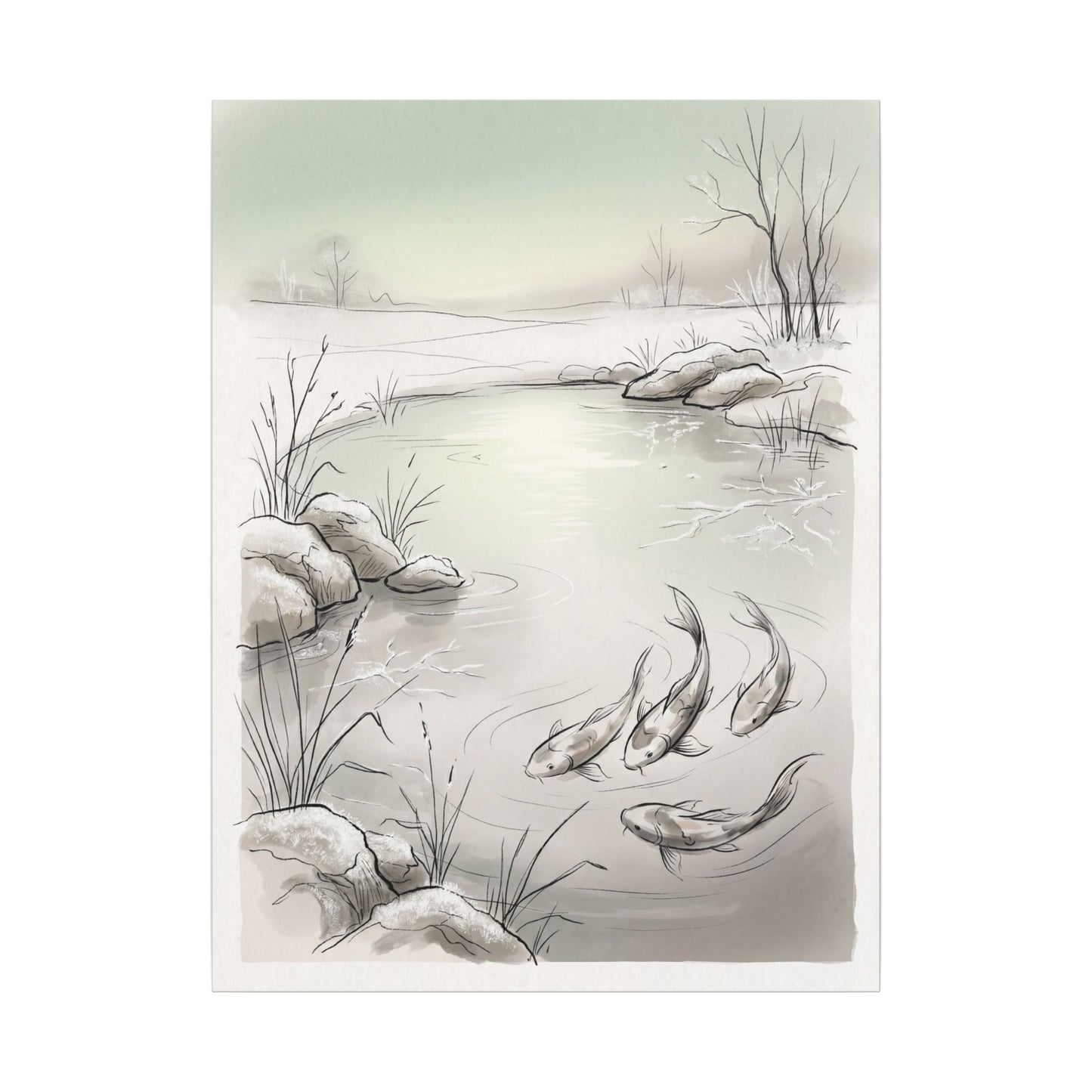 Koi Pond Minimal Line Canvas Art | Cozy Japandi Art