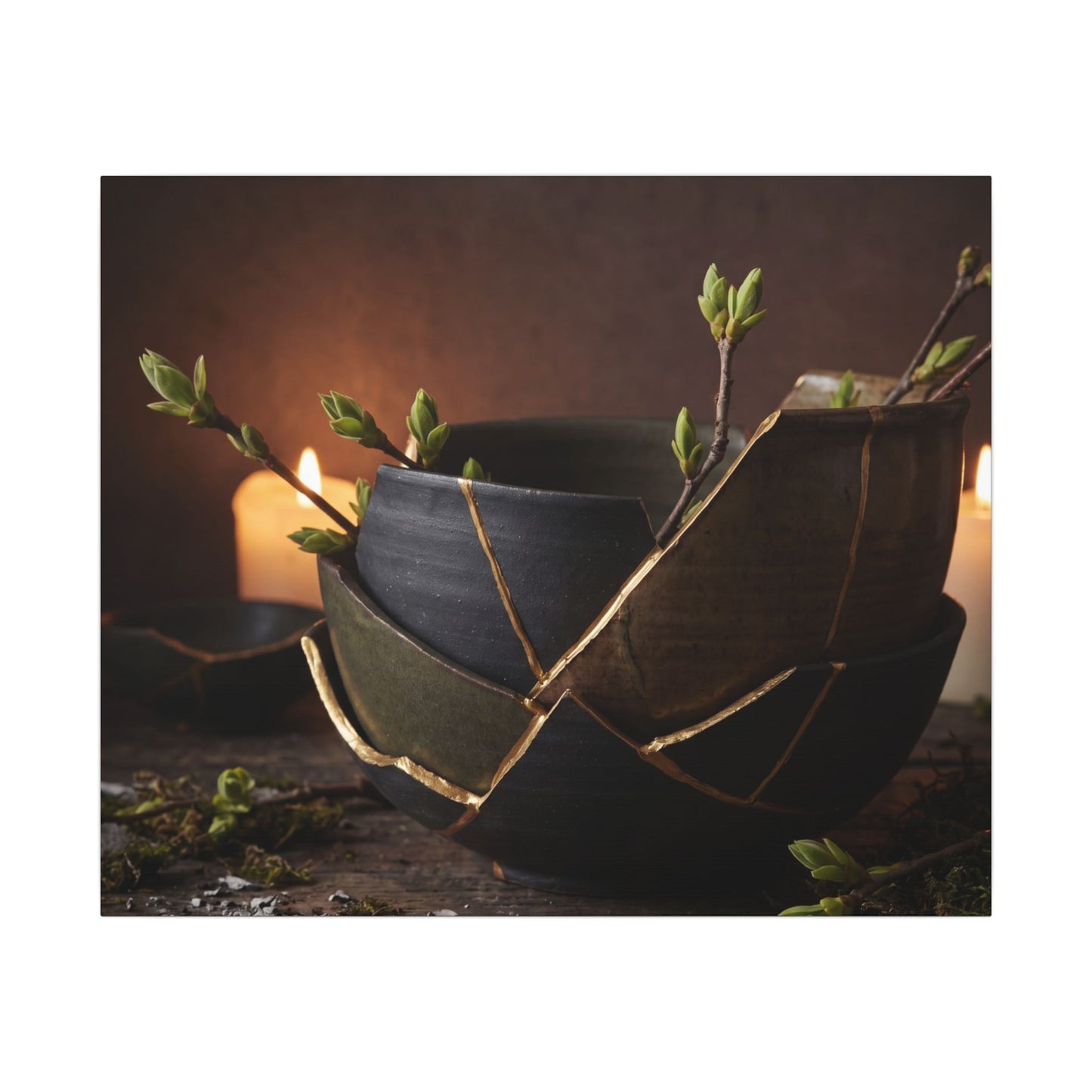 Broken Pottery Spring Canvas Art | Dark Japandi Luxurious Design