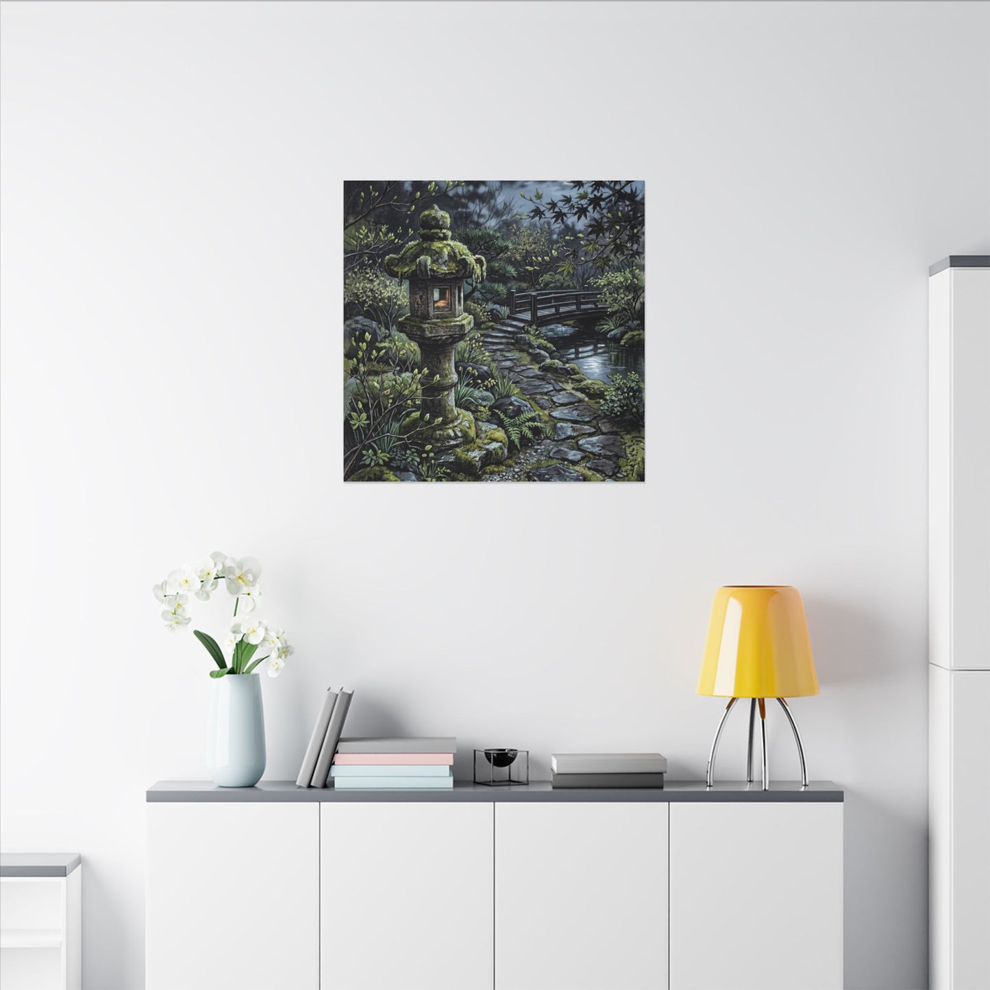 Japandi Stone Lantern in Moonlight | Texture Canvas Art