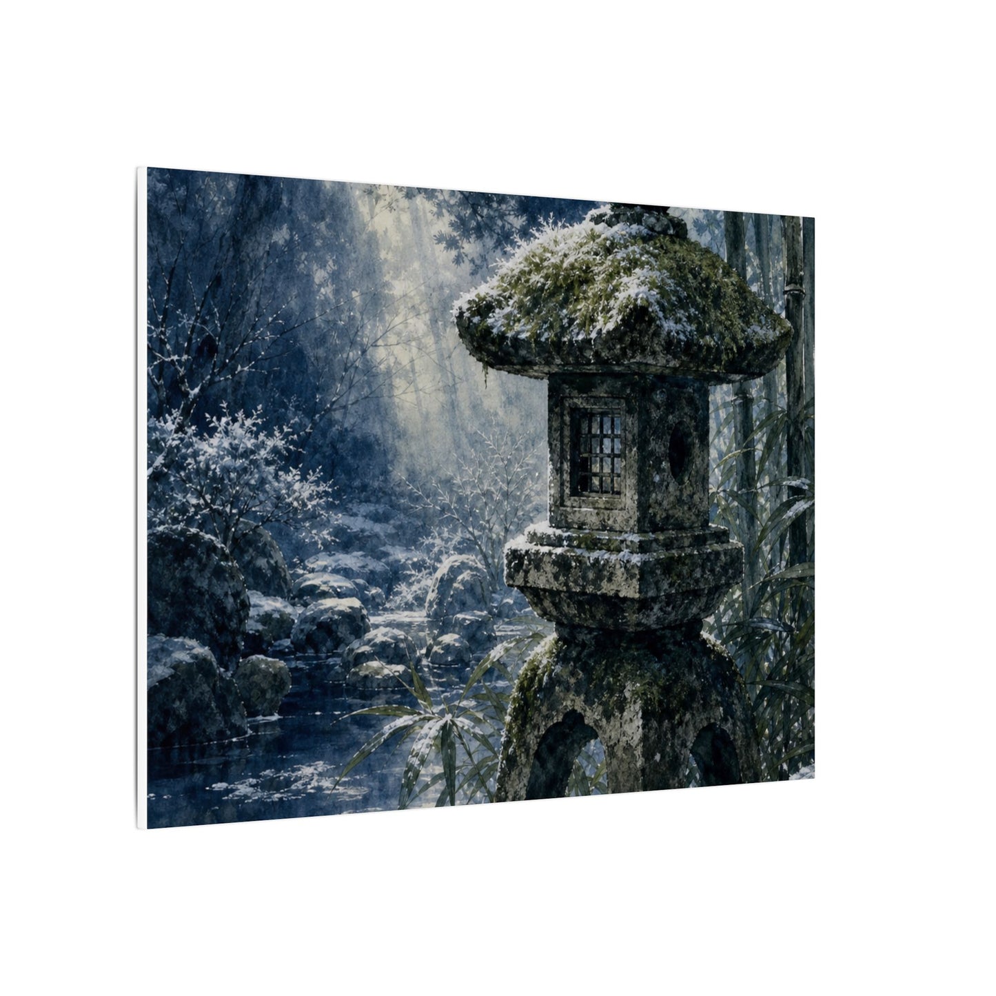 Zen Stone Lantern in Dappled | Sumi E Canvas Art