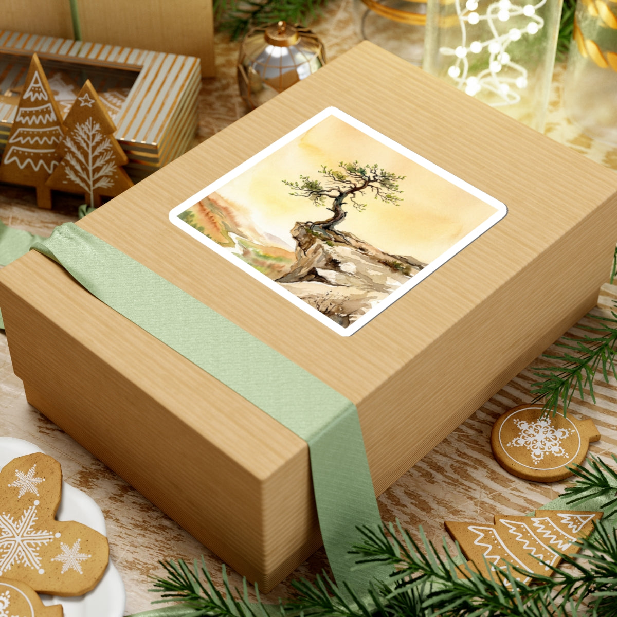 Pine Tree Watercolor Sticker | Warm Japandi Art Art Print