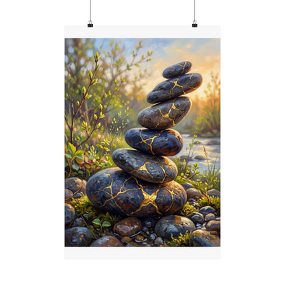 River Stones Wall Art Print | Spring Kintsugi Gold Repair Art
