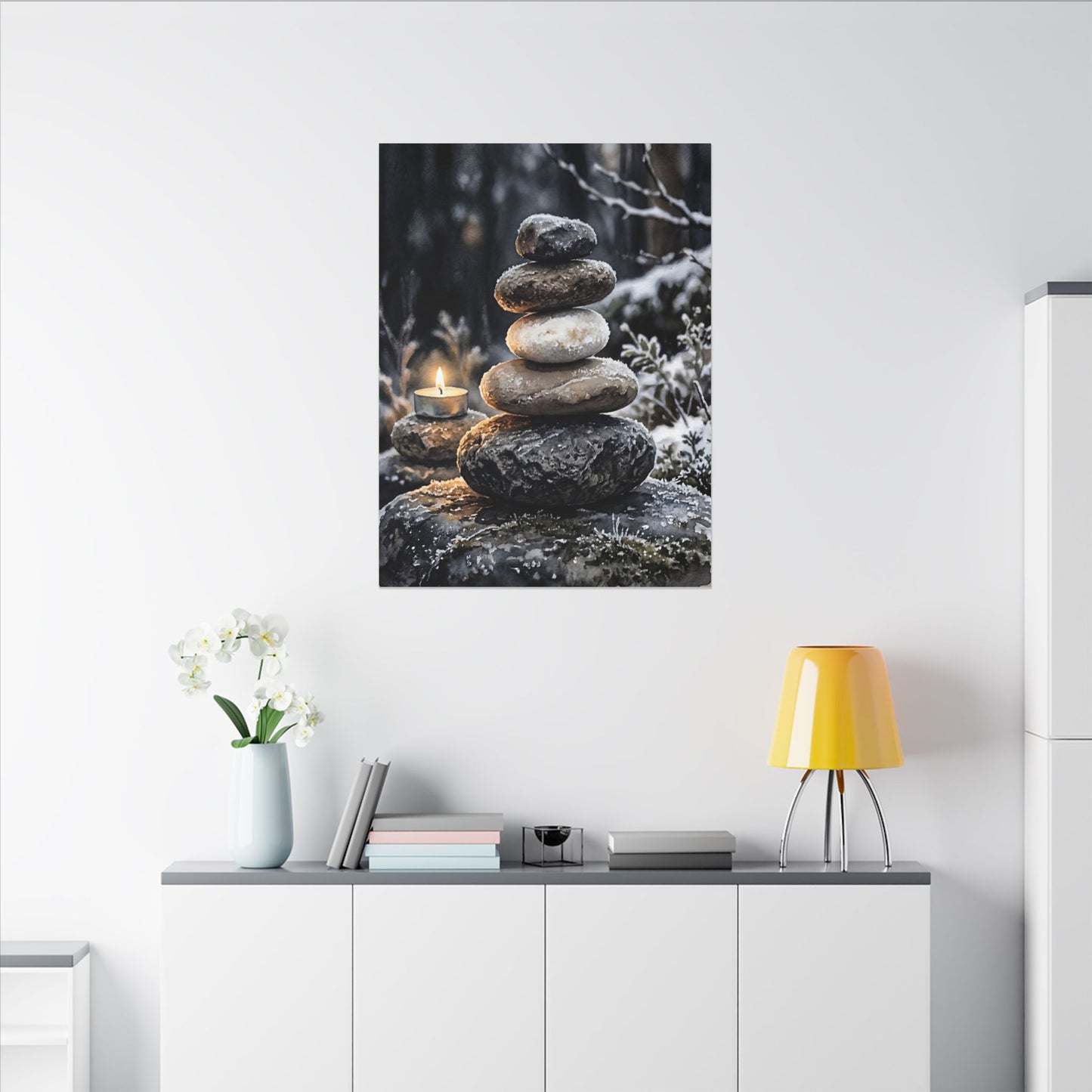 River Stones Canvas Art | Winter Japandi Watercolor Art