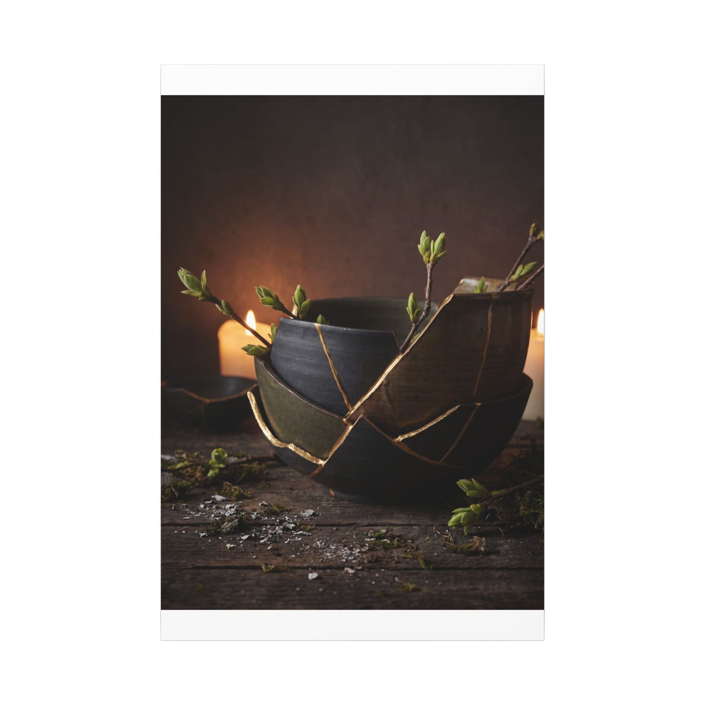 Broken Pottery Spring Canvas Art | Dark Japandi Luxurious Design
