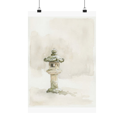 Japandi Stone Lantern in Overcast | Watercolor Wall Art Print Art Print