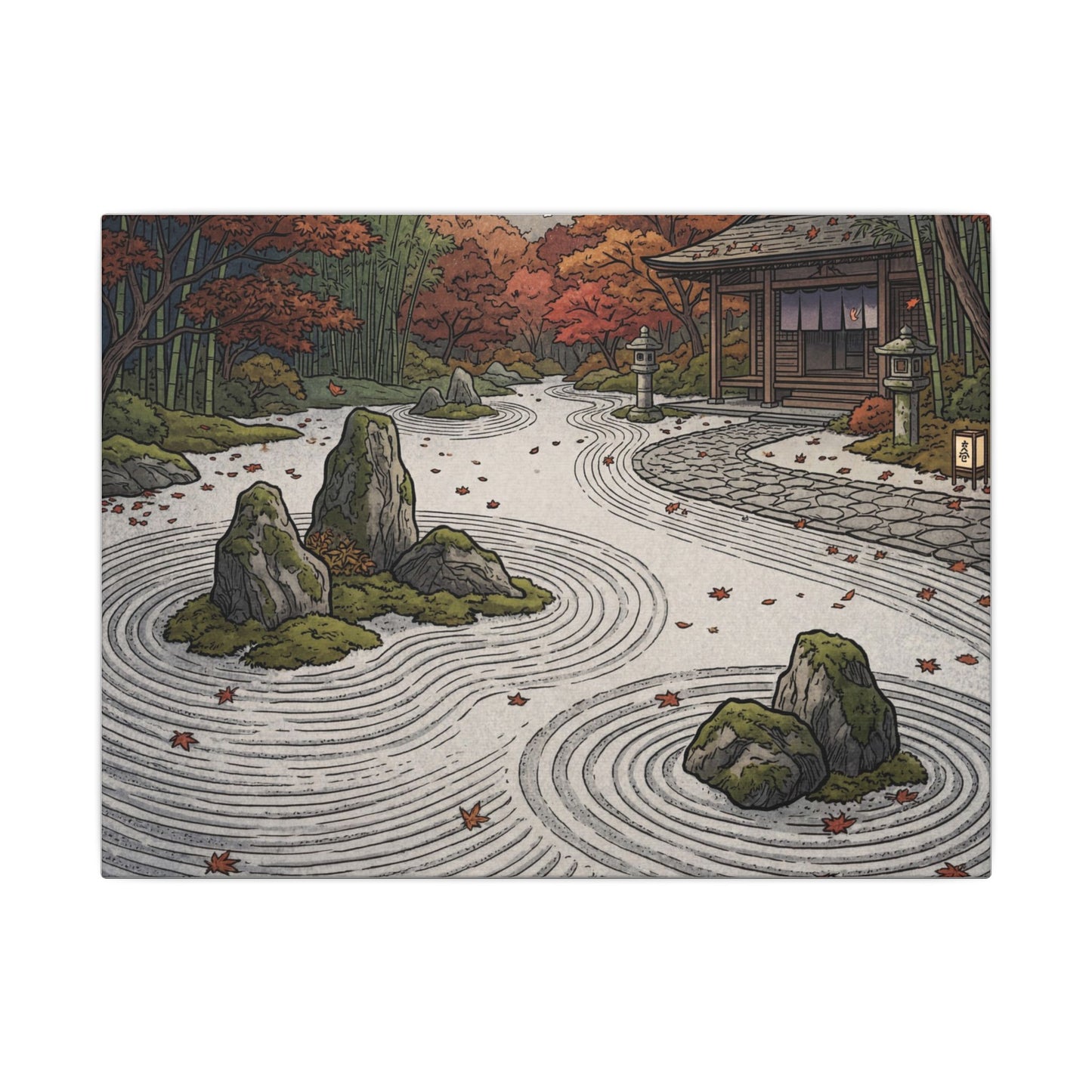 Autumn Rock Garden Ukiyo E Inspired Canvas Art | Peaceful Decor Art Print
