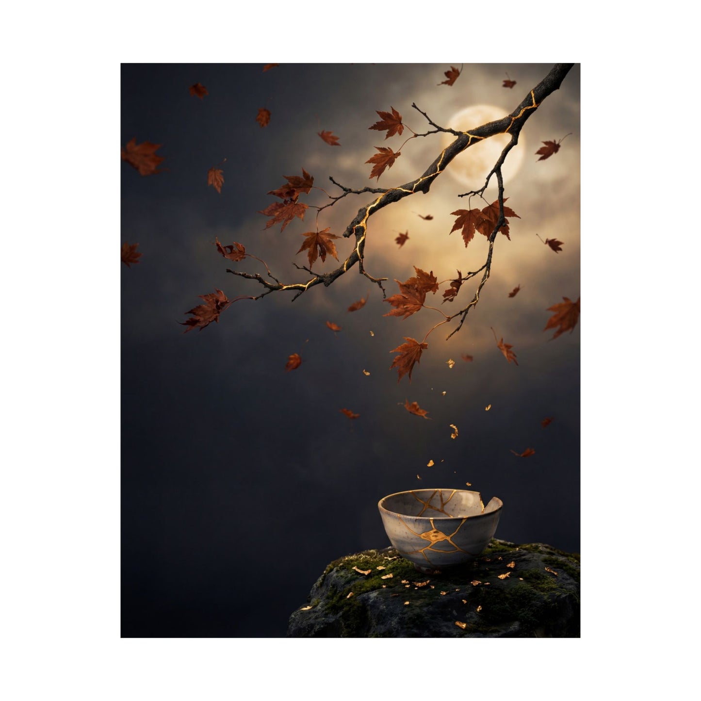 Kintsugi Moonlit Garden in Golden Hour | Gold Repair Wall Art Print