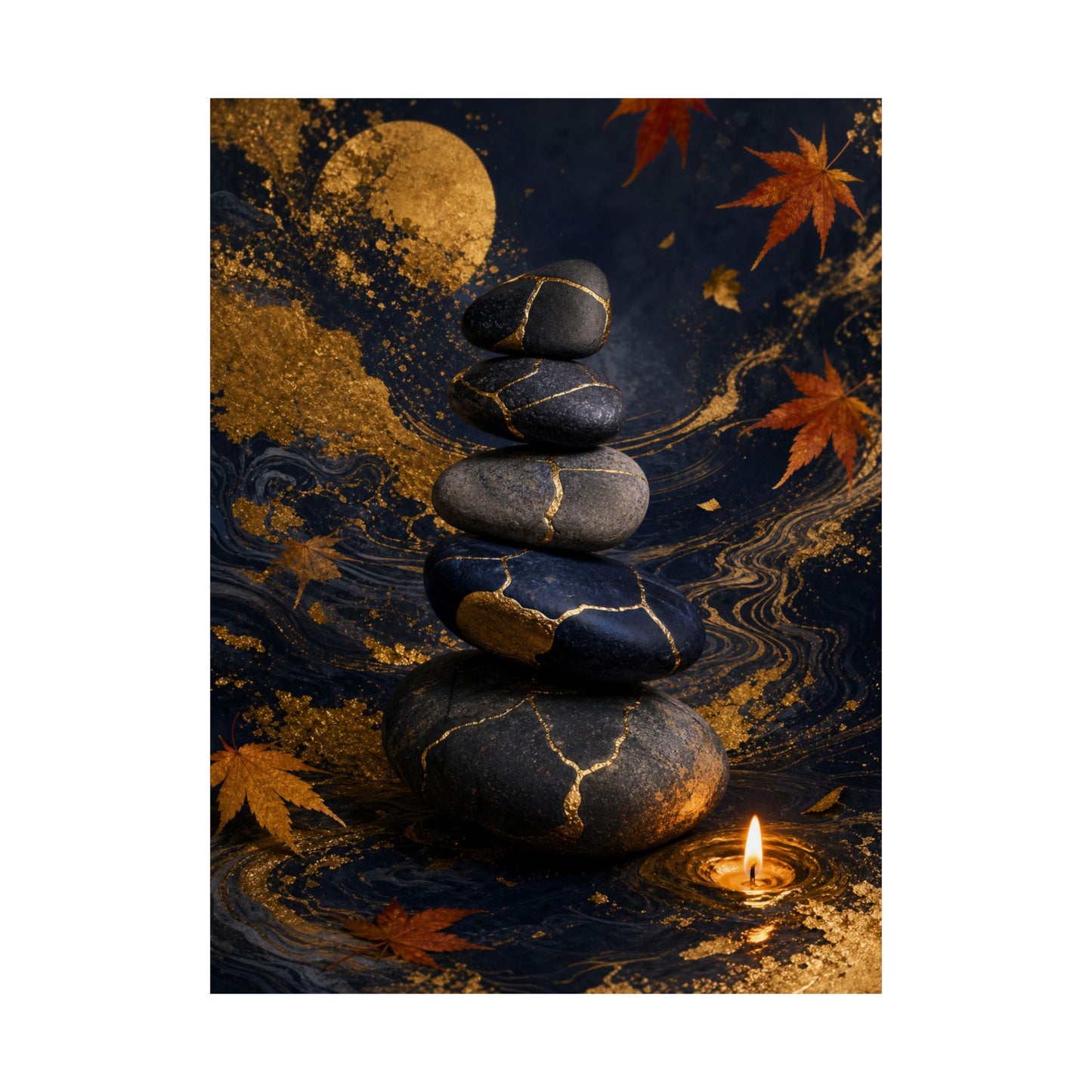 River Stones Wall Art Print | Autumn Kintsugi Gold Vein Art