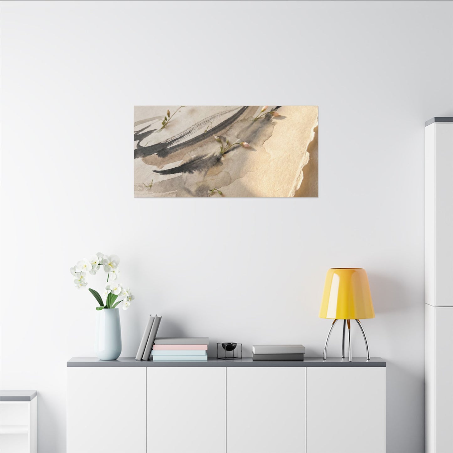 Ink Brushstroke Watercolor Canvas Art | Neutral Japandi Art
